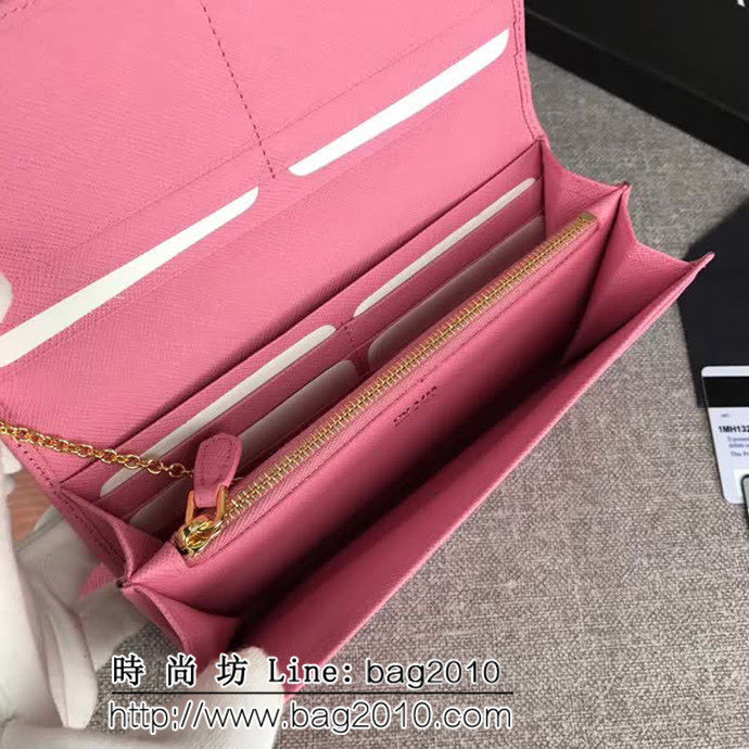 PRADA普拉達 經典爆款 頂級原單十字紋牛皮 女士翻蓋錢夾 配鏈條 1MH132 DD1412